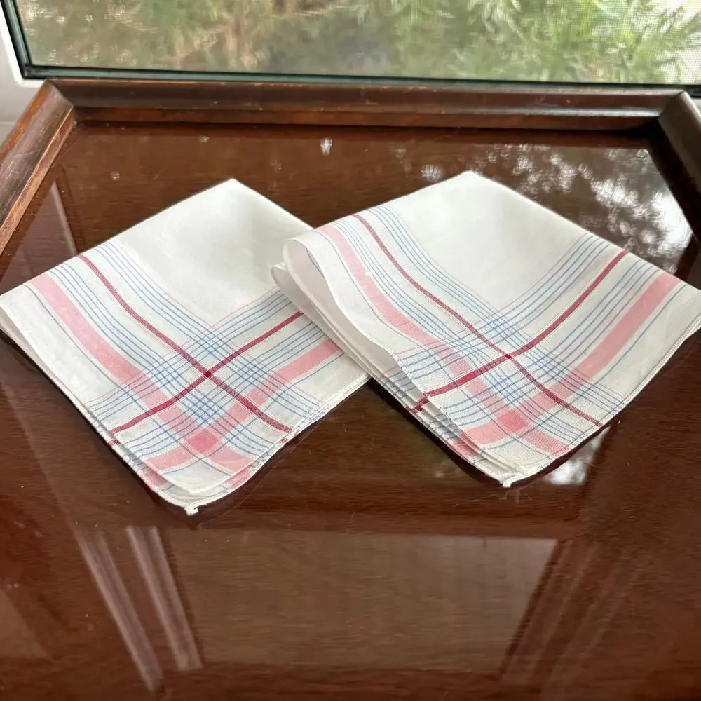 Vintage Plaid Cotton Handkerchief Set Pink Blue 11x11